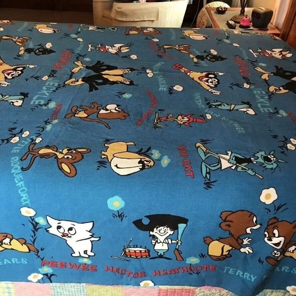 Terry Tunes Vintage Bedspread Mighty Mouse Heckle Jeckle Blue Queen
